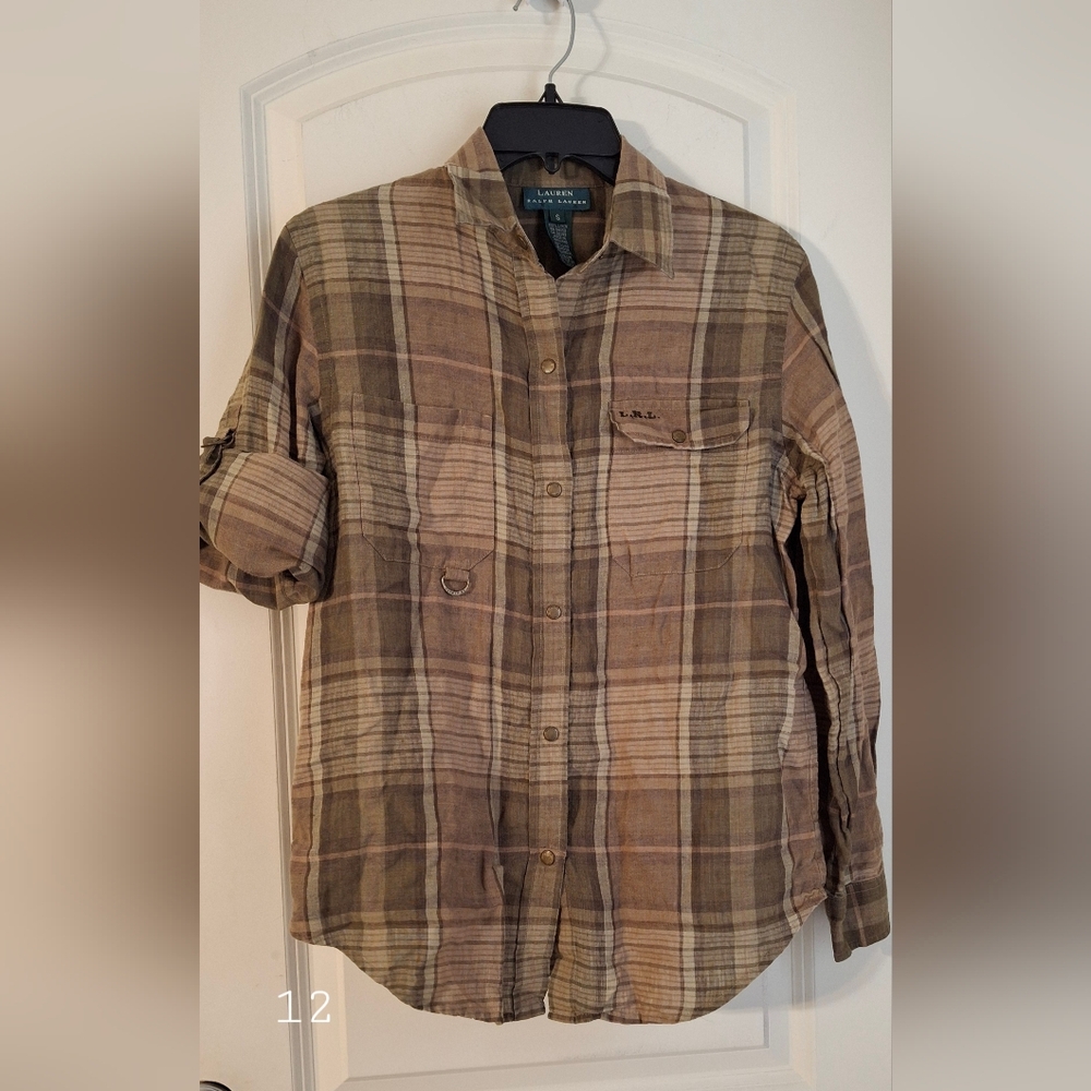 Lauren Ralph Lauren Army Green Plaid Snap Button Brushed Gold Brass Detail small